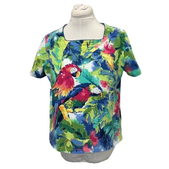 Alfred Dunner Women’s Tropical Parrot Print Vibrant Colors Summer Blouse Size M - Picture 1 of 7